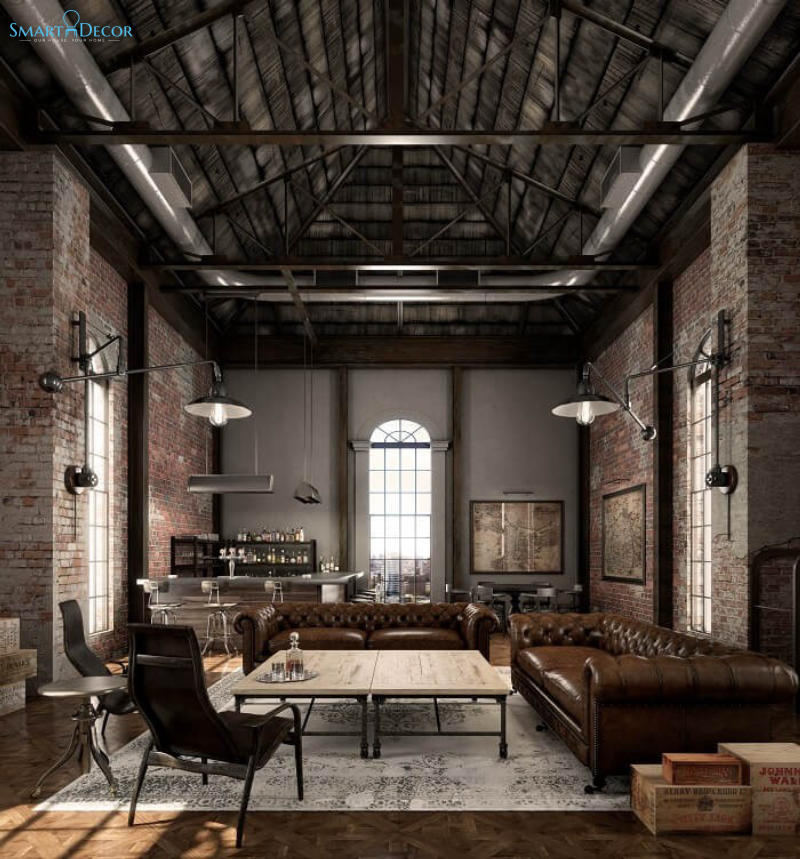 Phòng khách Công nghiệp (Industrial) cổ điển nổi bật với tông nâu trầm