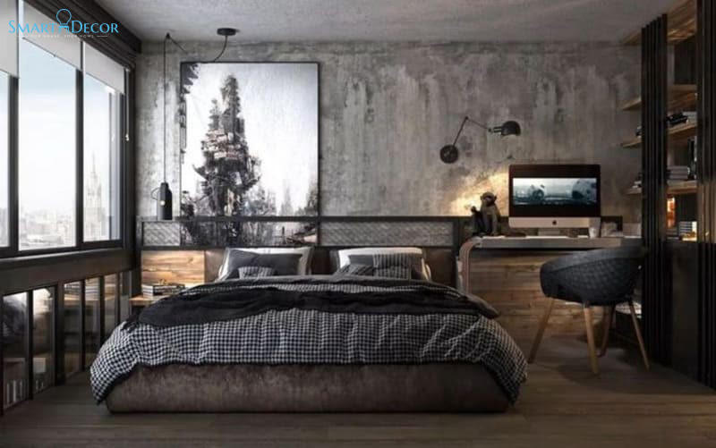 Phòng ngủ thiết kế bố cục hoàn hảo với mảng tường loang lổ, màu sắc nhuốm màu thời gian