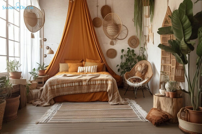 Mẫu 1: Căn phòng ngủ được phối màu nhẹ nhàng, làm nền hiệu quả cho những món đồ trang trí mây tre đặc trưng của xứ Morocco.