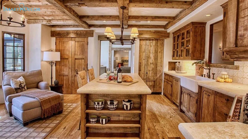 Phòng bếp Farmhouse cổ điển sử dụng chất liệu gỗ tự nhiên đặc trưng
